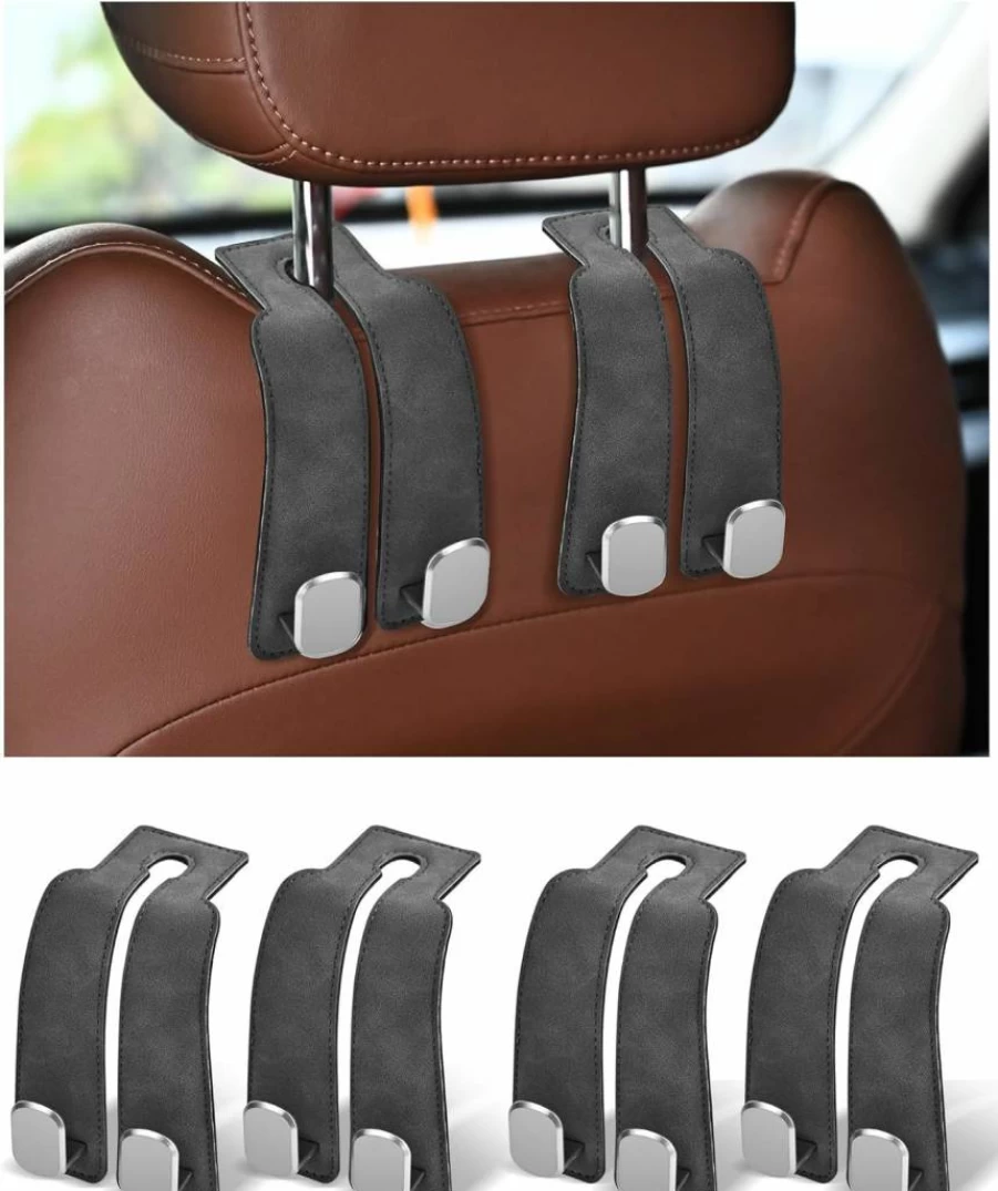 LQLAN 4 Pack Car Headrest Hooks - Heavy Duty Black Leather Back Seat Organizer Hooks for Purses, Bags, Coats, and Accessories