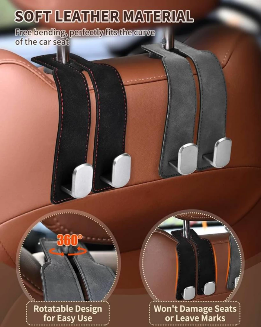 LQLAN 4 Pack Car Headrest Hooks - Heavy Duty Black Leather Back Seat Organizer Hooks for Purses, Bags, Coats, and Accessories