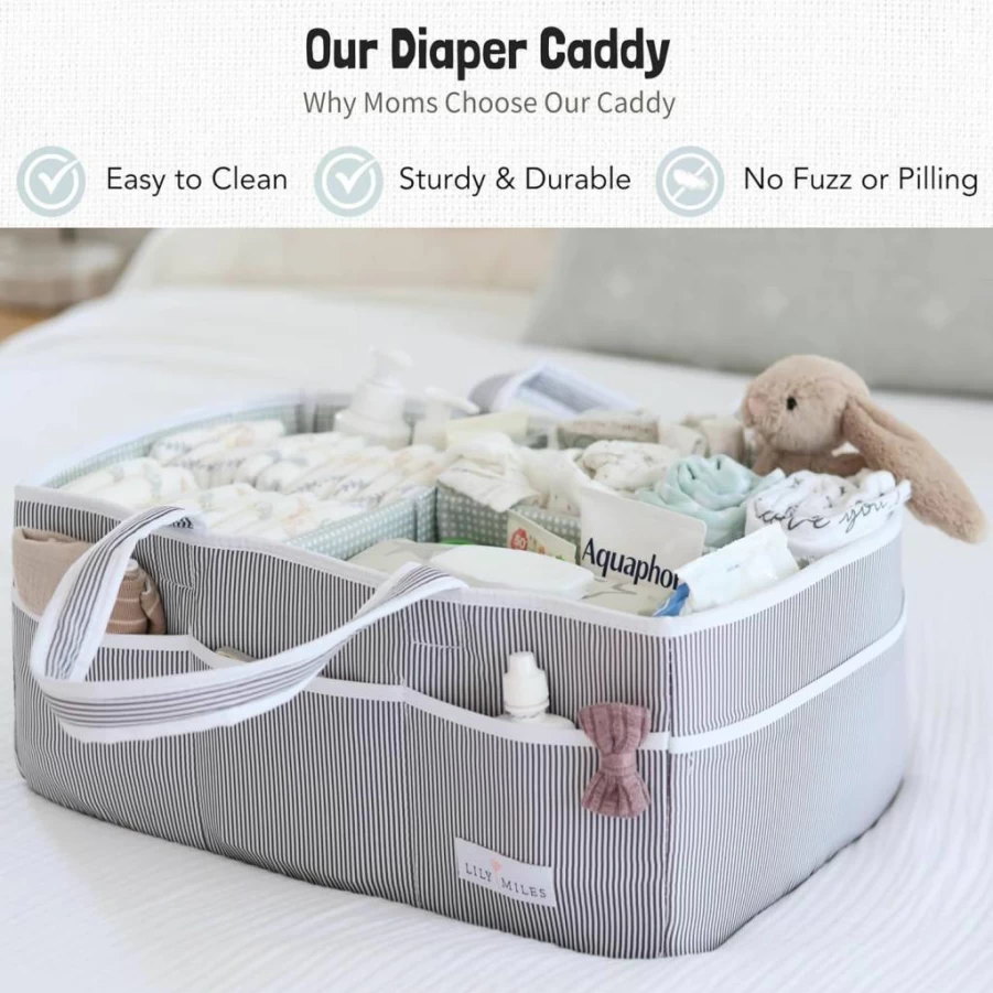 Lily Miles Baby Diaper Organizer Tote - Large Travel Caddy for Newborn Essentials, Baby Shower Gifts, Nursery Storage & Car Trips - Boy or Girl