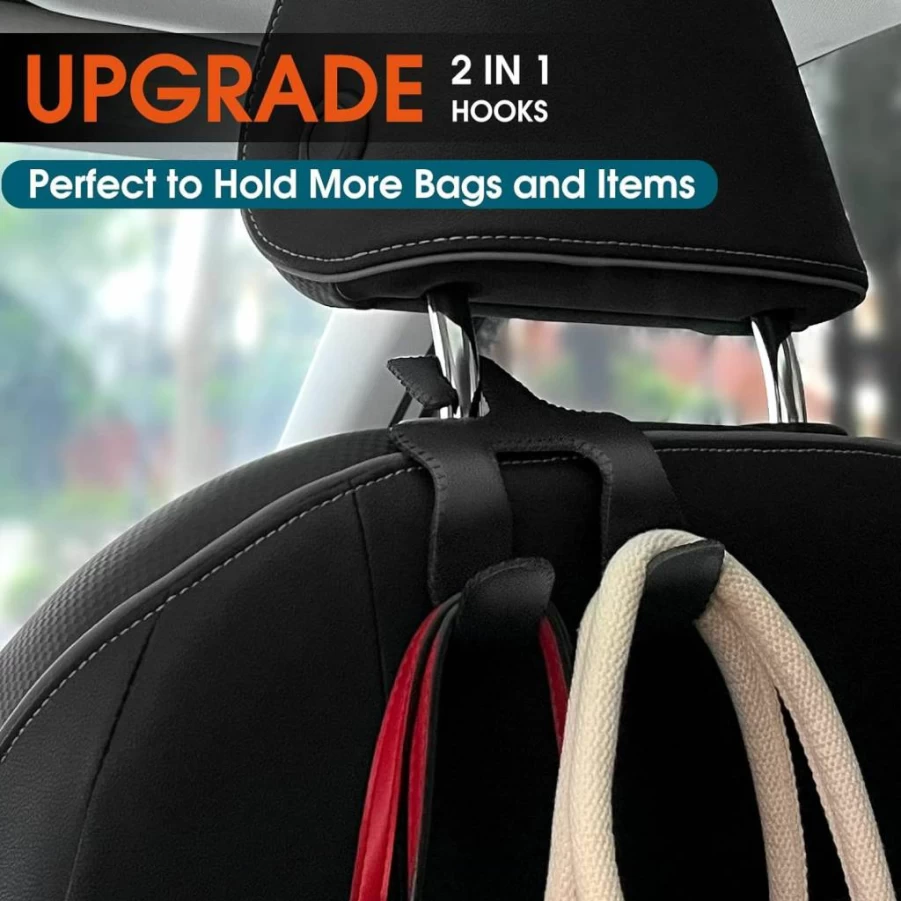 LANVRION 2-in-1 Car Headrest Hooks for Purses, Bags & Organizers - Premium Black Vehicle Storage Hanger for Back Seat, Universal Auto Interior Accessory (1-Pack)