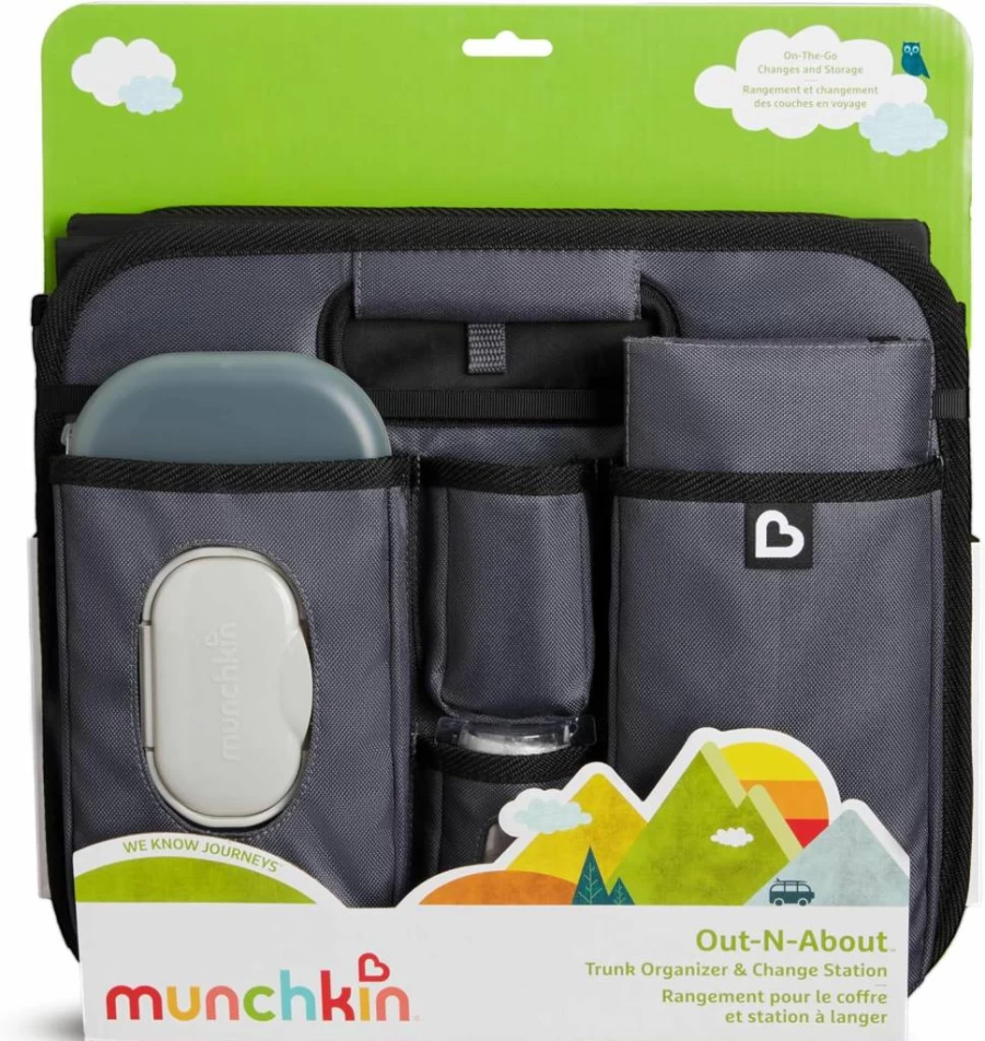 Brica Collapsible Car Organizer with Diaper Changing Station - Grey, Out-N-About Trunk Storage for Baby Essentials