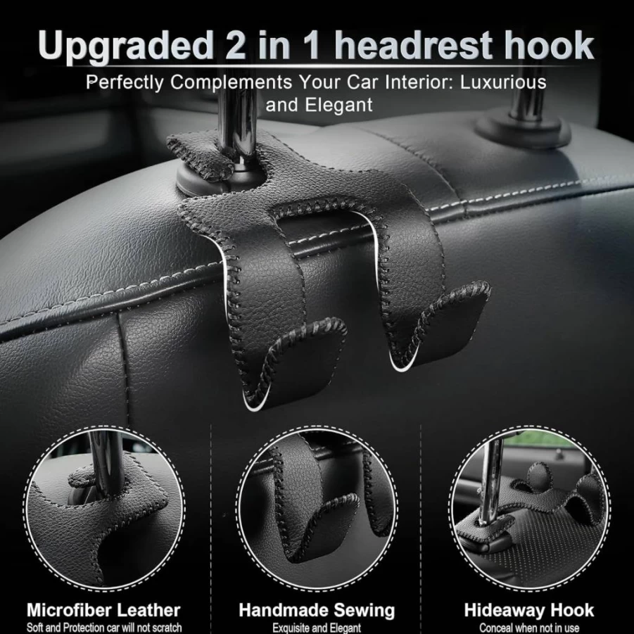 LivTee 2-Pack Black Premium Leather Car Seat Hooks for Hanging Purses, Coats, Bags, and Umbrellas - Durable Auto Interior Accessories