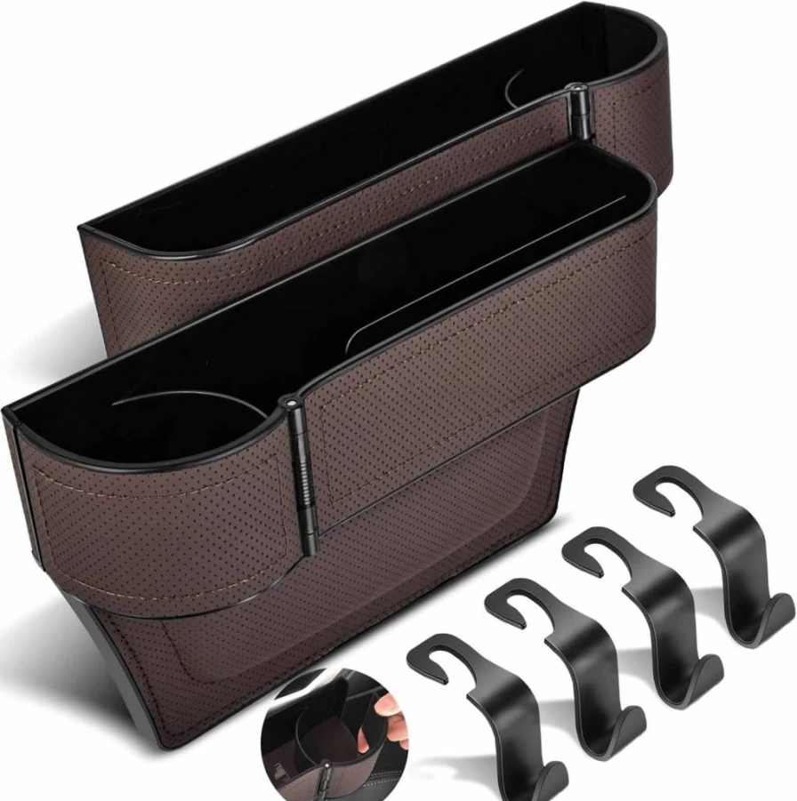 XR MARKET 2 Pack Universal Car Seat Gap Filler Organizer with Adjustable Cup Holder, Cable Hole & Storage Hooks for Phone/Glasses - Premium Leather Car Accessory