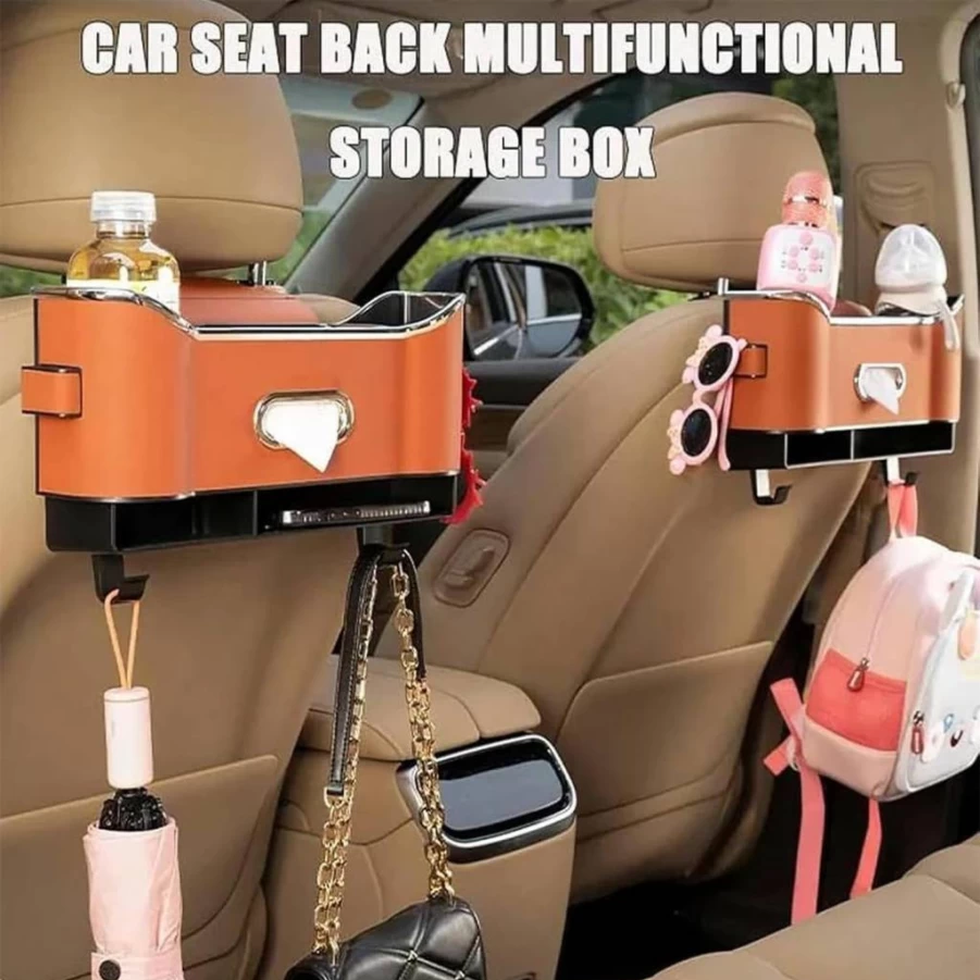 ACMEDICA Universal Car Seat Back Organizer with 2 Drink Holders & Storage Pockets – Multifunctional Auto Accessory for Tissues, Phones & Essentials (2-Pack, Orange)