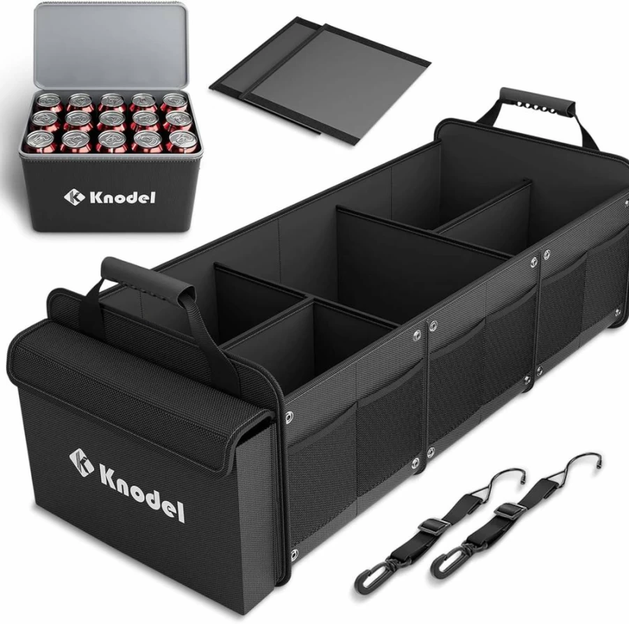 K KNODEL 4-in-1 Extra Large SUV Trunk Organizer with Cooler Bag, 3 Compartments & Adjustable Straps, Heavy Duty Car Storage for Travel, Black