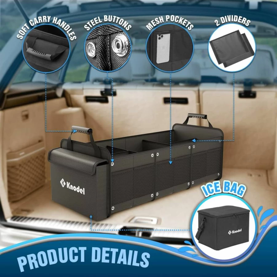 K KNODEL 4-in-1 Extra Large SUV Trunk Organizer with Cooler Bag, 3 Compartments & Adjustable Straps, Heavy Duty Car Storage for Travel, Black