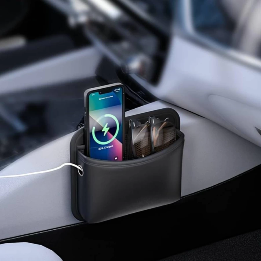 Cartisen Black PU Leather Car Seat Organizer - Side Pocket Storage for Phone, Keys, Sunglasses & Documents - Auto Door Console Accessory