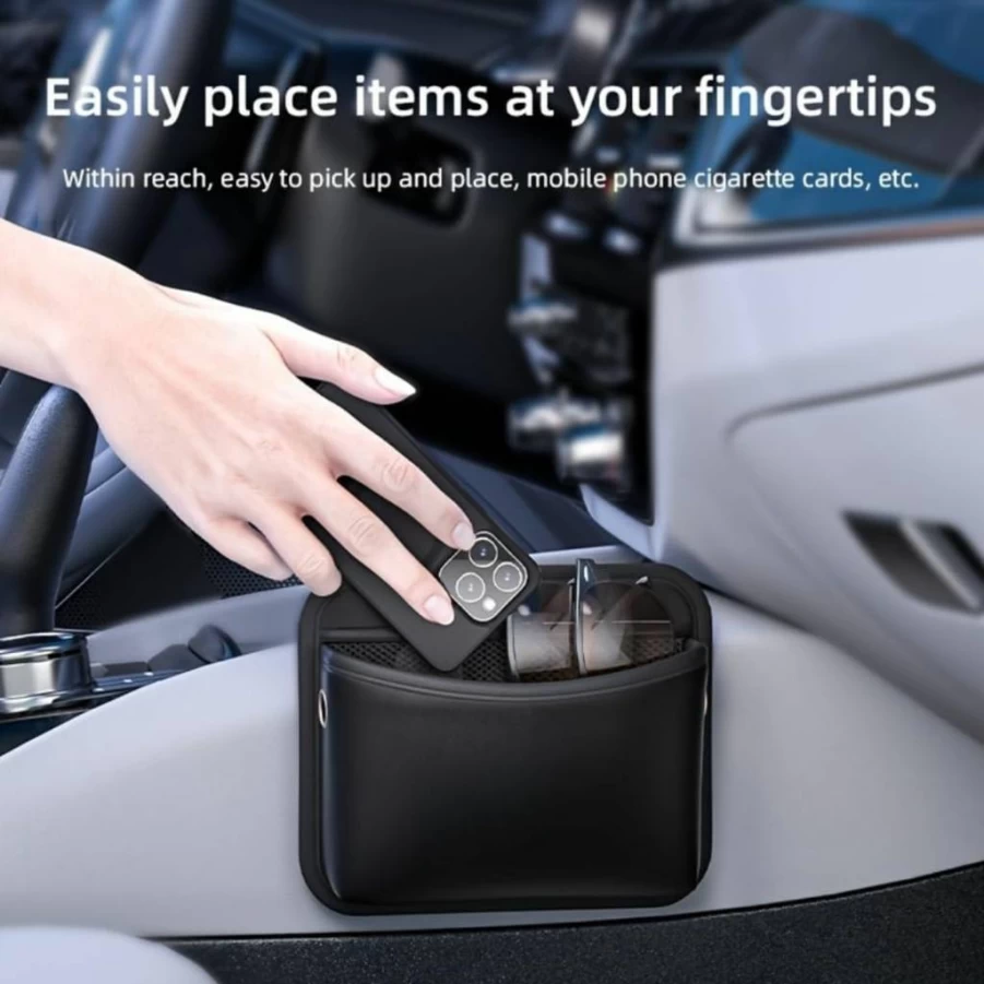 Cartisen Black PU Leather Car Seat Organizer - Side Pocket Storage for Phone, Keys, Sunglasses & Documents - Auto Door Console Accessory