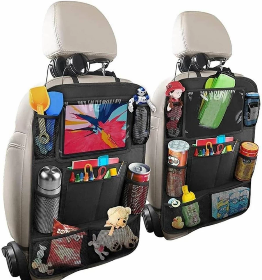 PHOUQEE 2 Pack Car Backseat Organizer with 10" Tablet Holder, Durable 600D Oxford Fabric Seat Back Kick Protector for Kids, Universal Fit for Cars, SUVs, Trucks