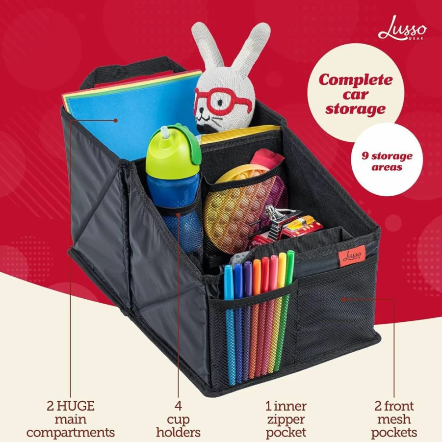 Lusso Gear Car Seat Organizer - 9-Pocket Storage for Cars, Trucks & Vans - Front & Backseat Black Organizer with Cup Holders