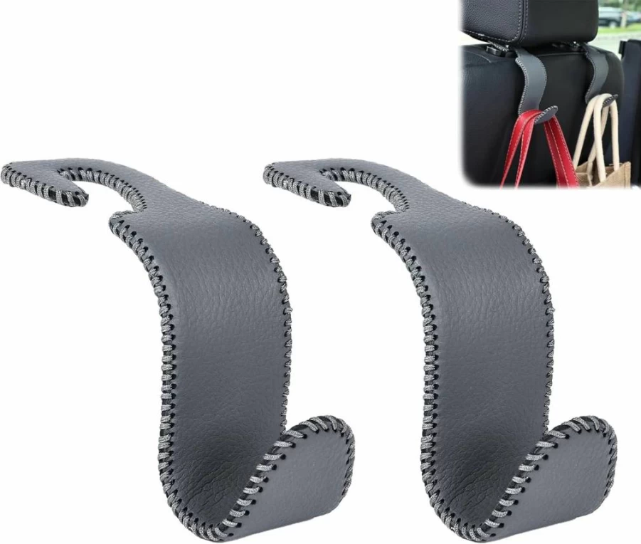 Amooca 4 Pack Universal Car Seat Hooks - Heavy Duty Metal Headrest Hangers with Leather Coating for Handbags, Coats, Purses - Vehicle Backseat Organizer Storage (Black)