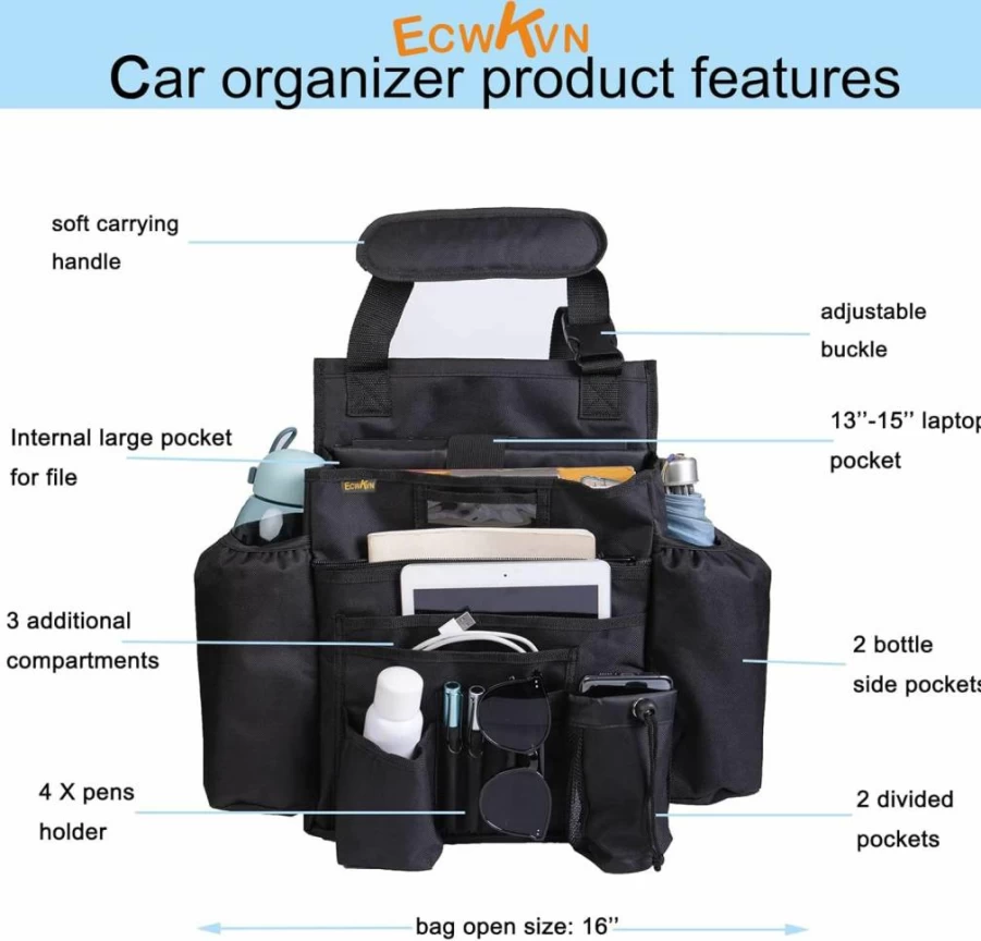 ECWKVN Car Seat Organizer with Tablet Holder, File Storage, Cup Holders & Adjustable Straps for Front & Back Seats