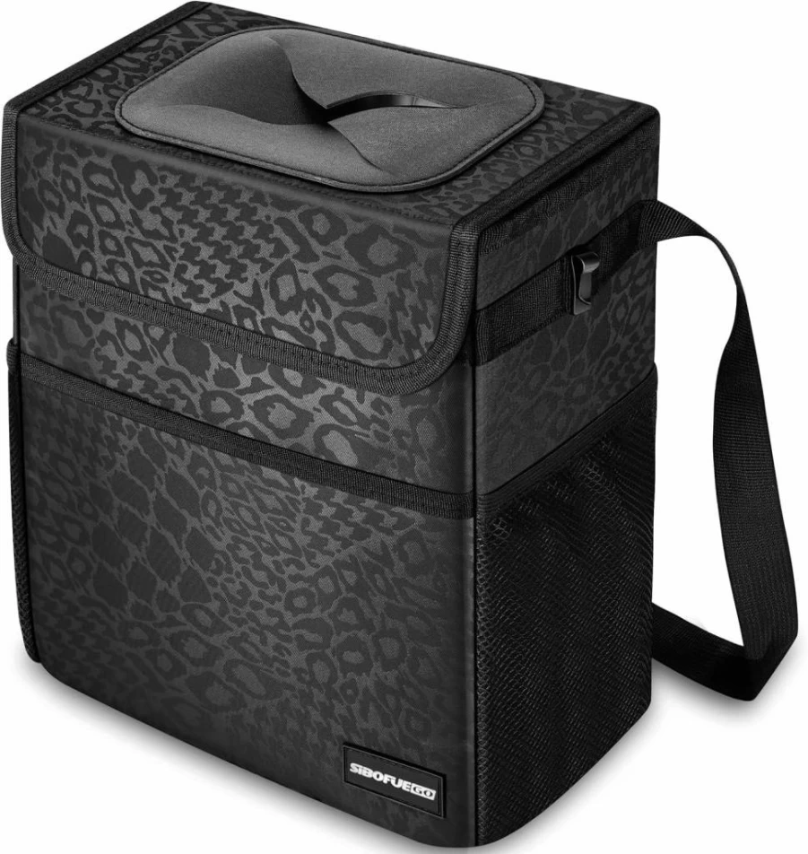 SIBOFUEGO Collapsible Car Trash Can with Lid - 2 Gallon Leak-Proof Waterproof Auto Garbage Bin, Multipurpose Vehicle Organizer with Storage Pockets & Adjustable Straps (Black Leopard)