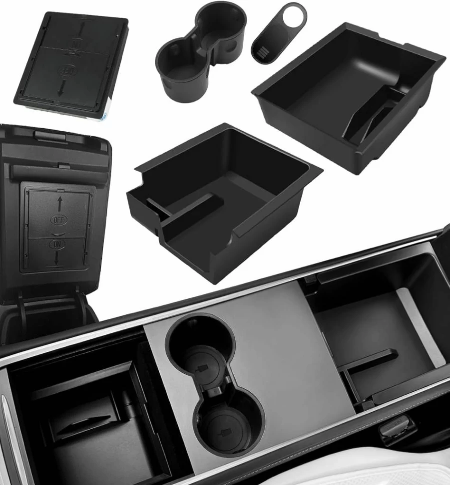 WinDu 5Pcs Tesla Model 3 & Y Center Console Organizer Tray Set - Armrest Storage Box, Cup Holder Insert, Hidden Compartment & Camera Cover Accessories (2021-2024)