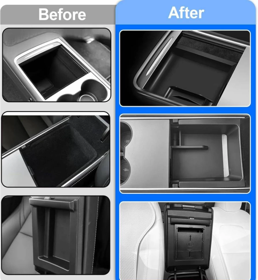 WinDu 5Pcs Tesla Model 3 & Y Center Console Organizer Tray Set - Armrest Storage Box, Cup Holder Insert, Hidden Compartment & Camera Cover Accessories (2021-2024)