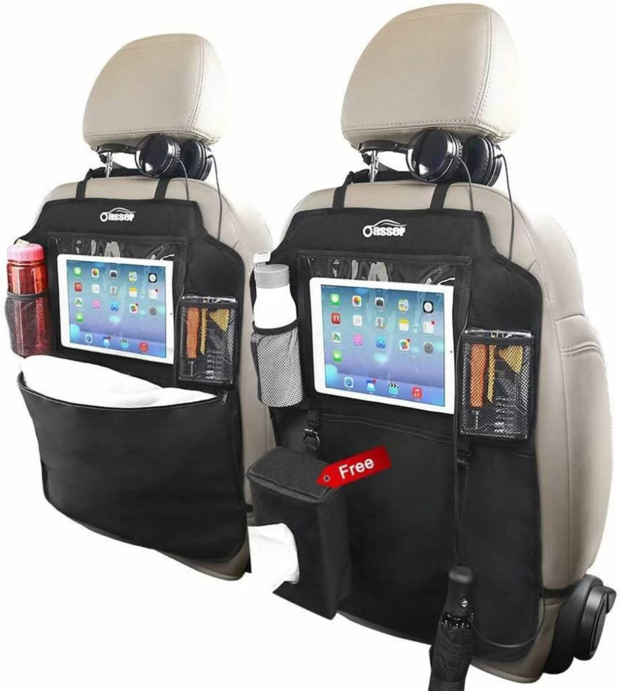 Oasser 2 Pack Car Backseat Organizer with Foldable Table Tray, 12.9 Inch iPad Compatible Kickproof Storage, 10-Pocket Seat Back Protector for Kids, Universal Vehicle Organizer Accessories