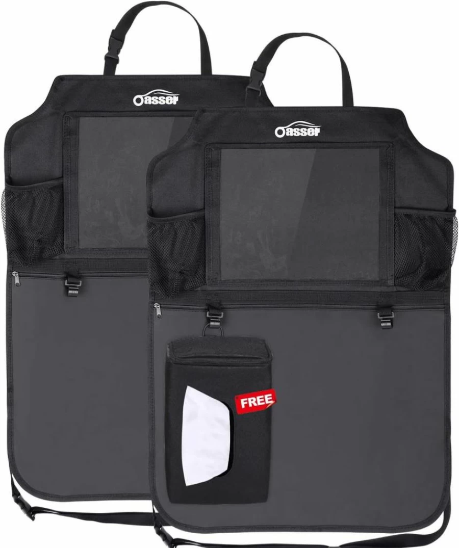 Oasser 2 Pack Car Backseat Organizer with Foldable Table Tray, 12.9 Inch iPad Compatible Kickproof Storage, 10-Pocket Seat Back Protector for Kids, Universal Vehicle Organizer Accessories