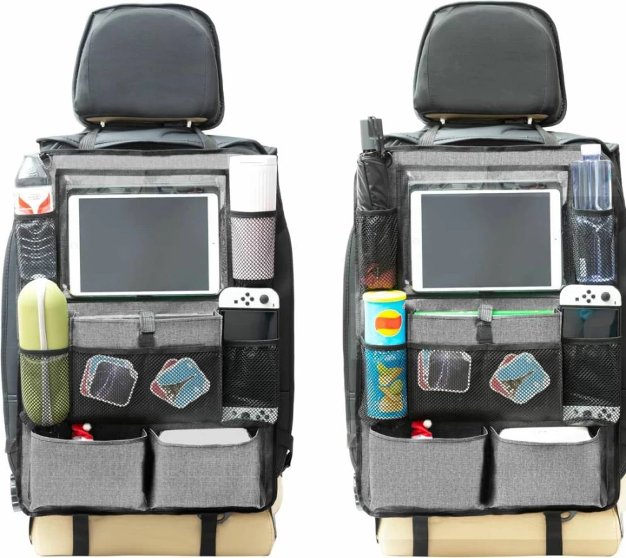 Trahefa 2 Pack Car Seat Organizer with Kick Mats - Premium Back Seat Protector with 9 Storage Pockets, Durable Travel Accessories for Cars (Gray)