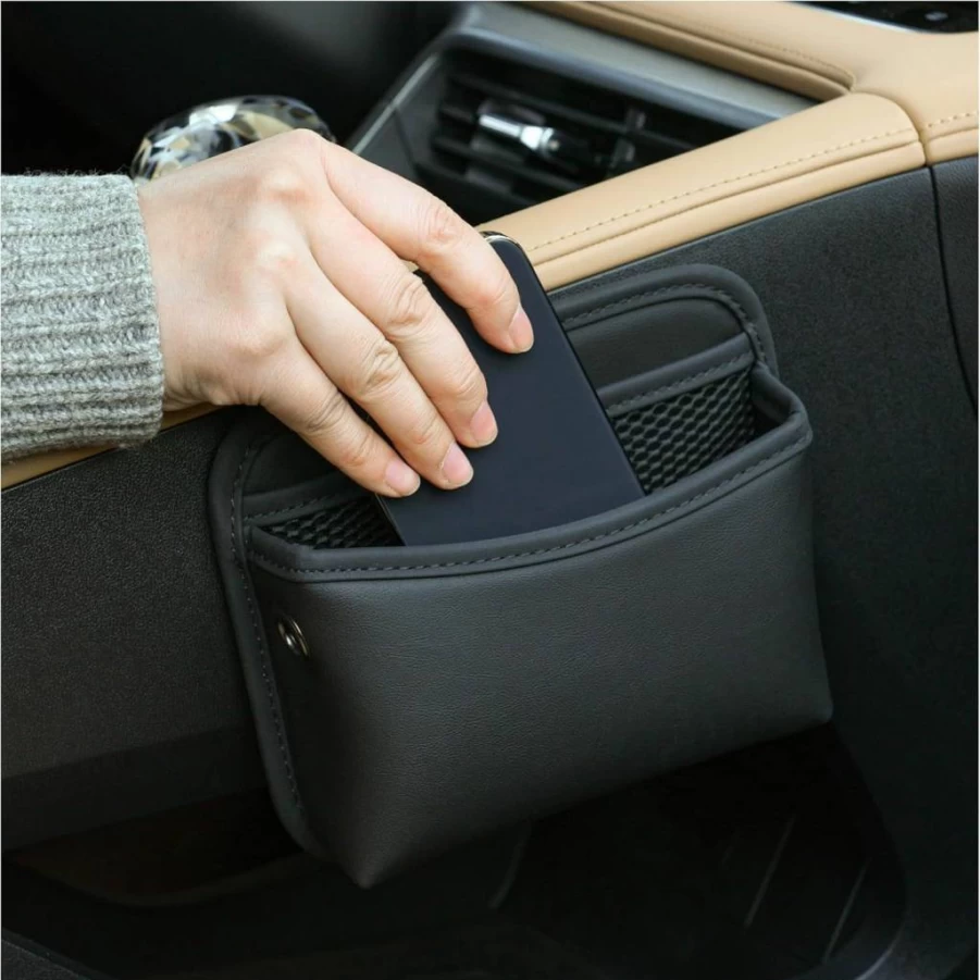 JEYODA Car Seat Organizer - PU Leather Side Storage Pocket for Phone, Keys, Sunglasses, Wallet - Black Multifunctional Auto Accessory