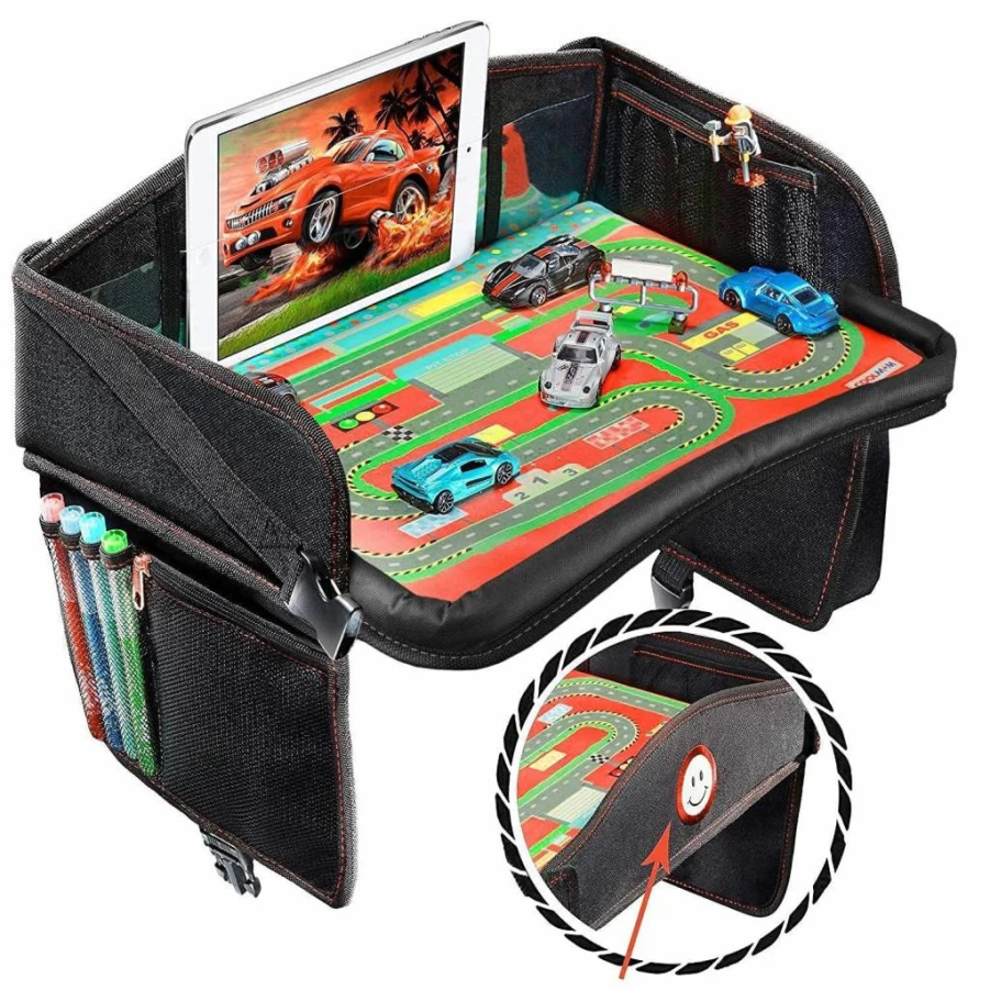 Coolmum Premium Blue Kids Travel Tray - Double Sided Foldable Toddler Car Seat & Airplane Play Table with Snack Organizer, Waterproof Stroller Tray for Baby Activities