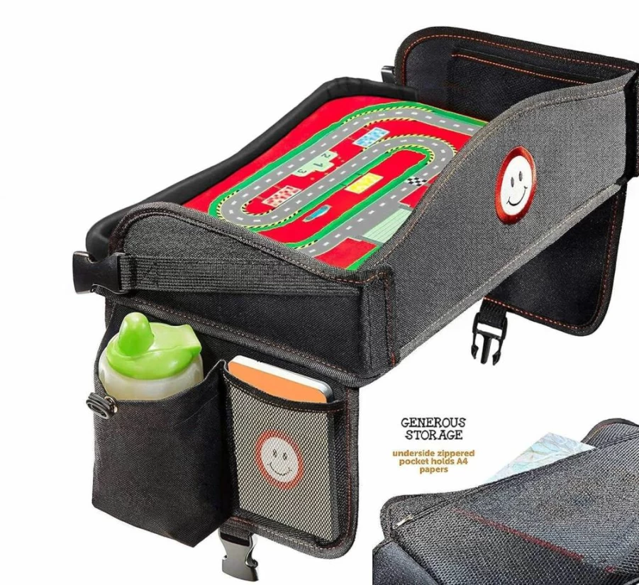 Coolmum Premium Blue Kids Travel Tray - Double Sided Foldable Toddler Car Seat & Airplane Play Table with Snack Organizer, Waterproof Stroller Tray for Baby Activities