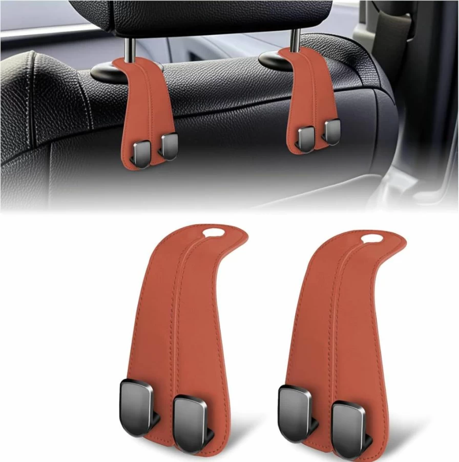 CHOSMOYI 2 Pack Leather Car Seat Hooks - Heavy Duty Headrest Hanger for Purses, Bags & Groceries, Black Auto Accessories Organizer
