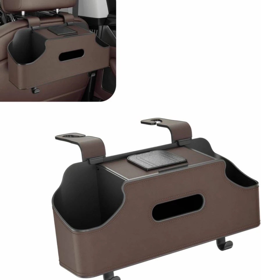 Nomocale Universal Car Seat Back Organizer - 11.42" X 3.35" Leather Storage Box with 2 Cup Holders, Multi-Function Car Back Seat Organizer for Cars, Trucks & SUVs (Black)