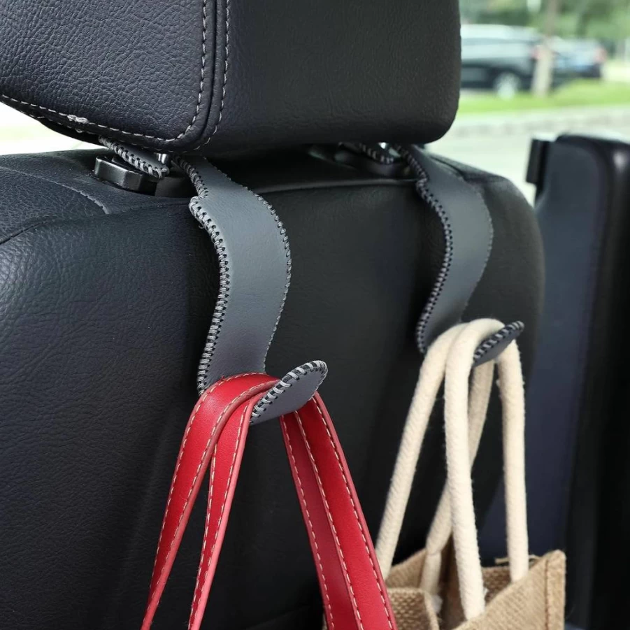 Amooca 2 Pack Universal Car Seat Headrest Hooks - Leather & Metal Backseat Organizer for Handbags, Coats, Purses - Beige Vehicle Storage Hangers
