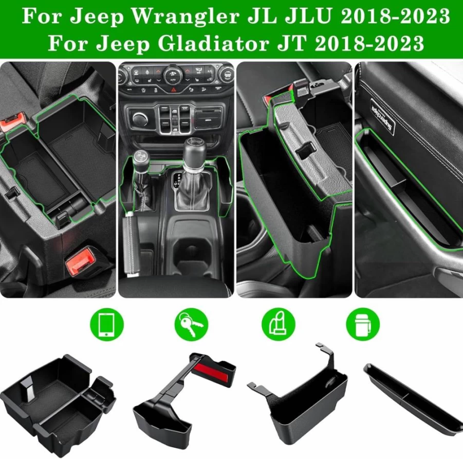 4Pcs Eamplest Center Console Organizer Tray for 2018-2023 Jeep Wrangler JL JLU & Gladiator JT Accessories - Hanging Armrest Storage Box (Fits JL/JLU/JT Models)