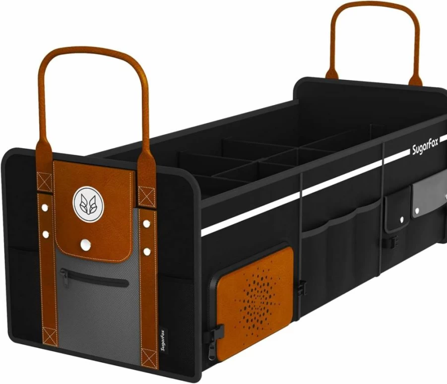 SugarFox 95L Foldable SUV Trunk Organizer with Shoe Storage - PU Leather/Oxford Car Storage Solution, Fox Pattern X200, Long Handle for Easy Transport