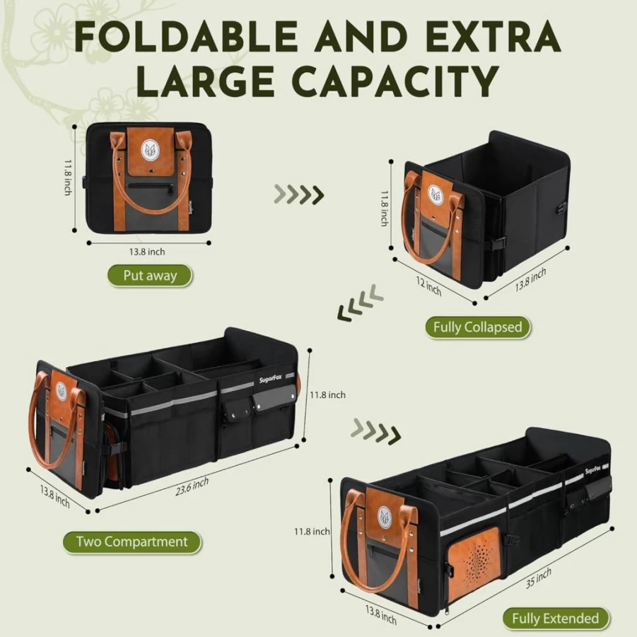 SugarFox 95L Foldable SUV Trunk Organizer with Shoe Storage - PU Leather/Oxford Car Storage Solution, Fox Pattern X200, Long Handle for Easy Transport