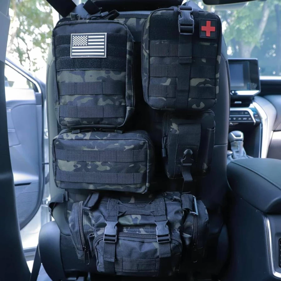 BXBXHD Tactical Car Seat Organizer with 5 Detachable MOLLE Pouches - Universal Vehicle Storage Bag for Truck, Jeep, SUV (Black)