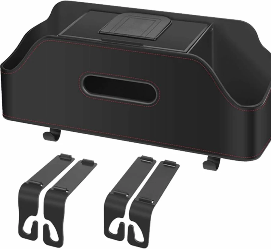 JJWYLTKB Car Back Seat Organizer - 2 Cup Holders, Tissue Box Storage & Hooks for Kids Travel Accessories, Black Auto Organizer for Rear Seats