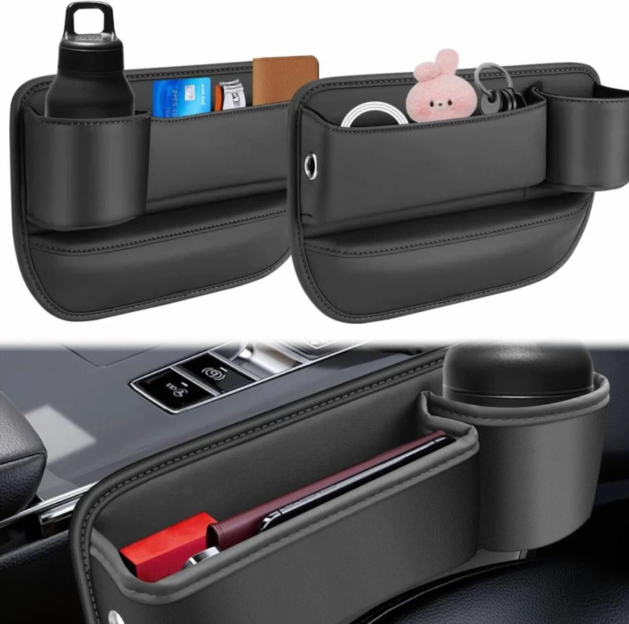Elegananccy 2 Pack Leather Car Seat Gap Filler Organizer with Cup Holder - Adjustable Storage for Phone, Sunglasses, Keys, Cards (Black)