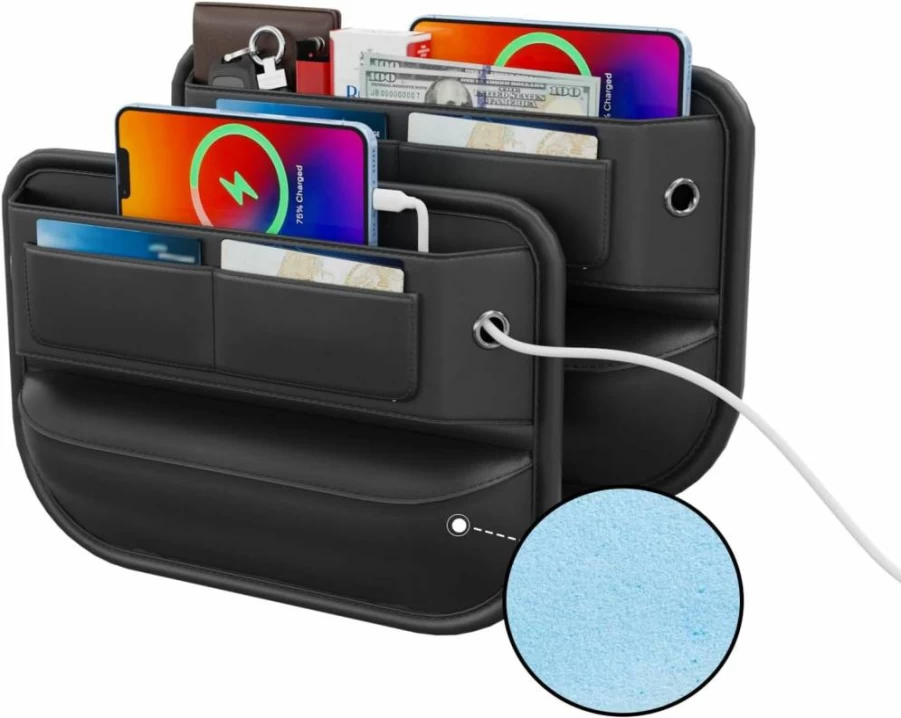 Wanfuder 2 Pack Car Seat Gap Filler with Cup Holder & Storage Pockets - Adjustable Leather Organizer for Phones, Keys, Cards & Tumblers - Premium Automotive Accessories for Front Seats