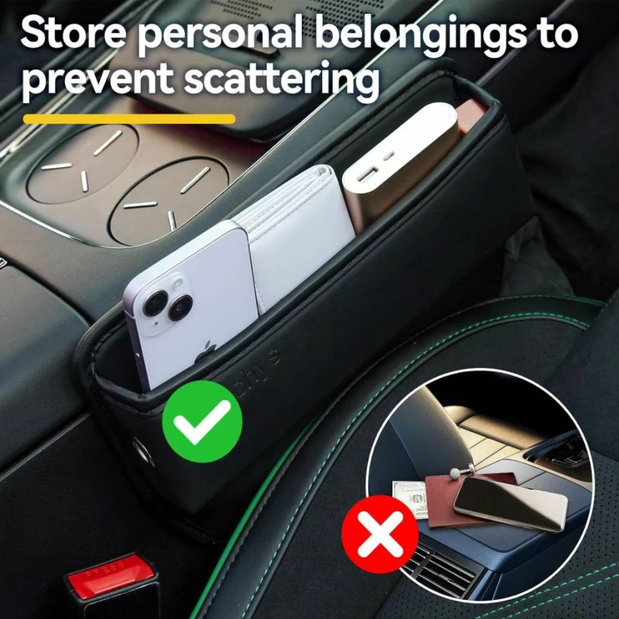 Yaschys 2 Pack Car Seat Gap Filler Organizer - Adjustable Leather Storage for Phones, Keys, Cards - Universal Car Accessories for SUV, Truck, Men & Women
