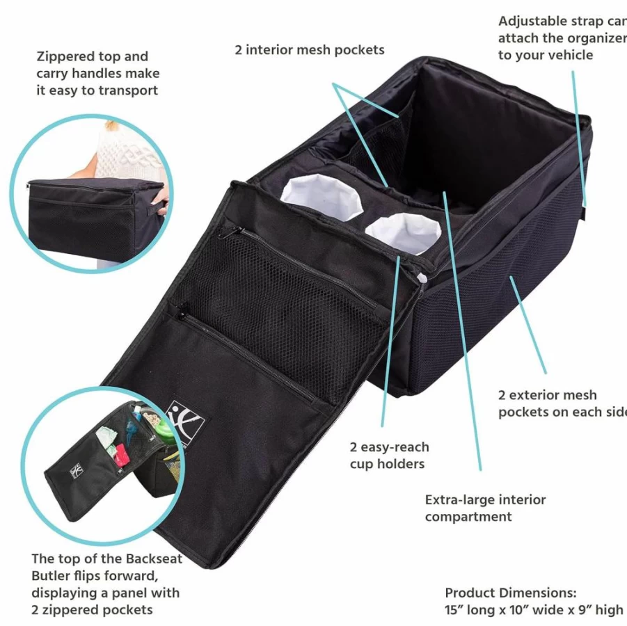 J.L. Childress Extra Large Car Seat Organizer - 10-Pocket Backseat Storage with Cup Holders for Travel & Road Trips - Black