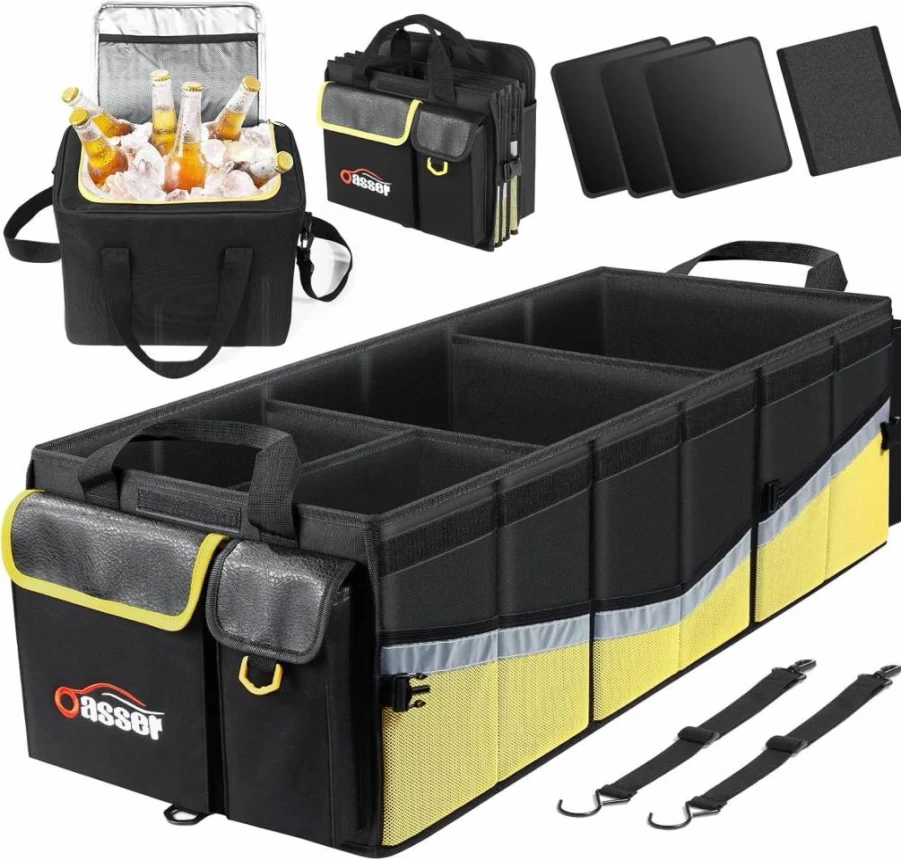 Oasser Large Black Trunk Organizer - Waterproof Collapsible Cargo Storage with Aluminum Alloy Handle, Multi Compartments & Reflective Strips