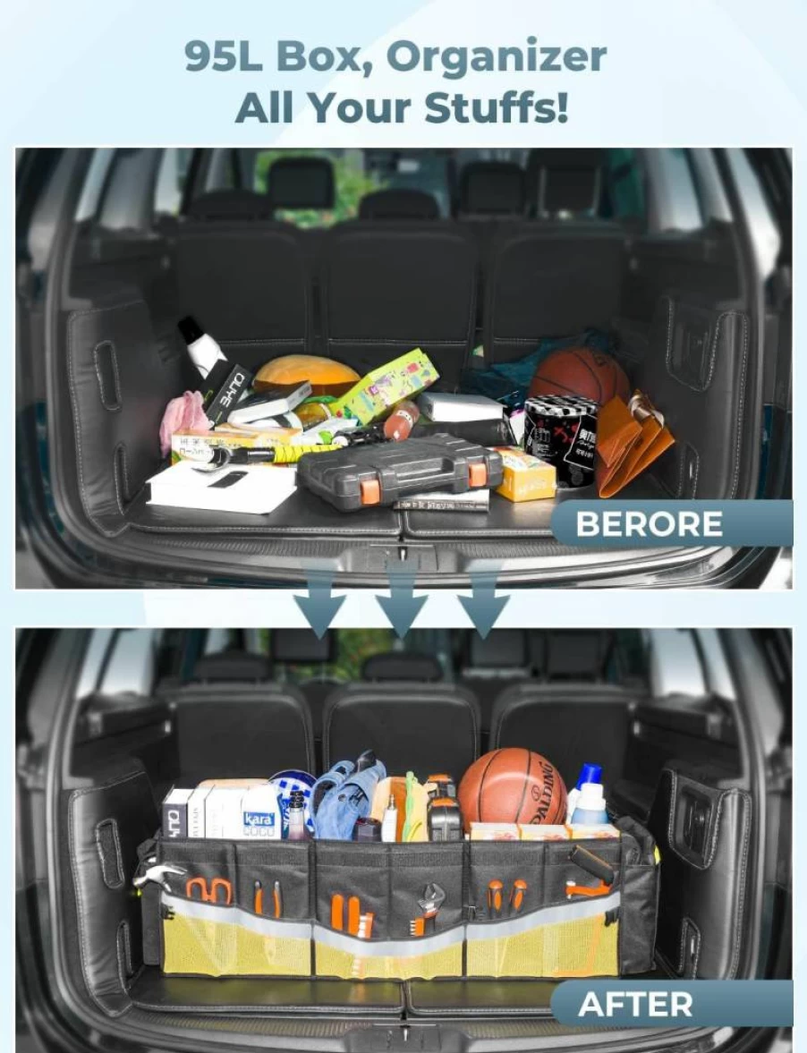 Oasser Large Black Trunk Organizer - Waterproof Collapsible Cargo Storage with Aluminum Alloy Handle, Multi Compartments & Reflective Strips