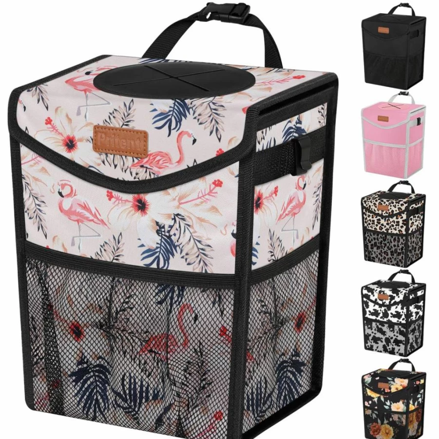 Pritent Leakproof Car Trash Can Hanging Bin - Portable Vehicle Garbage Organizer for Front/Back Seat, Cute Trapezoid Beige Design