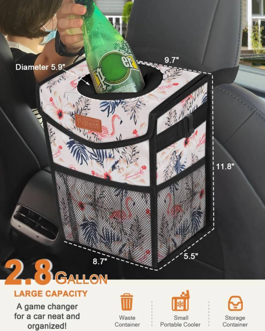 Pritent Leakproof Car Trash Can Hanging Bin - Portable Vehicle Garbage Organizer for Front/Back Seat, Cute Trapezoid Beige Design