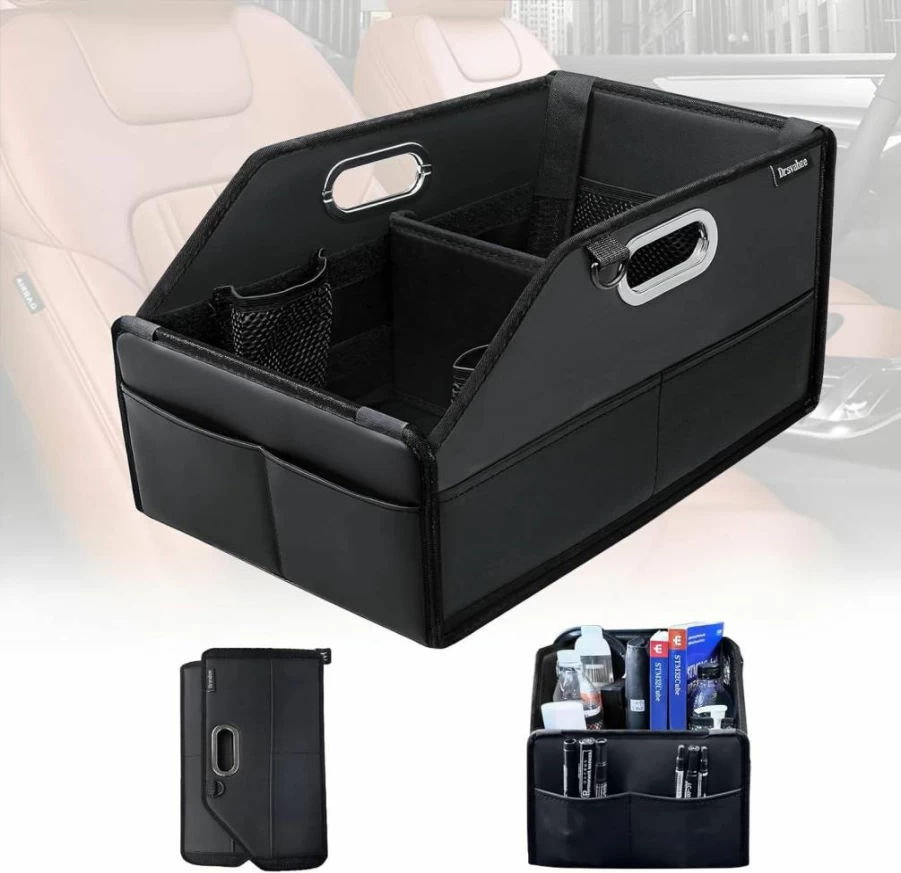 Drsvabze Car Seat Organizer - Foldable PU Leather Storage with Adjustable Dividers, 2 Cup Holders & 7 Mesh Pockets for Front & Back Seats - Detachable Design for Kids Travel, Toys, Snacks