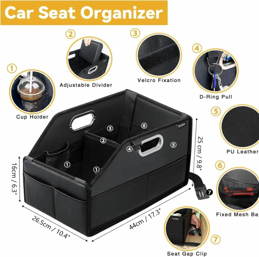 Drsvabze Car Seat Organizer - Foldable PU Leather Storage with Adjustable Dividers, 2 Cup Holders & 7 Mesh Pockets for Front & Back Seats - Detachable Design for Kids Travel, Toys, Snacks