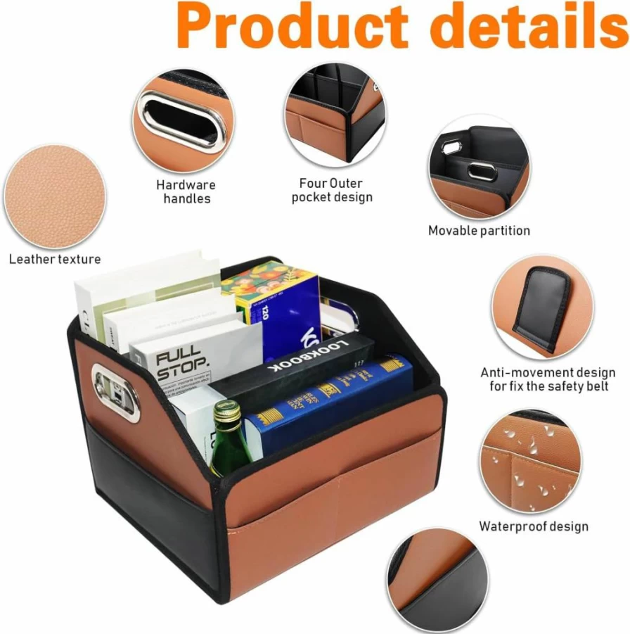 Noaman Leather Car Seat Organizer with 6 Storage Pockets & 3 Handles - Universal Front & Back Seat Organizer for Kids & Adults, Multipurpose Auto Storage in Brown & Black