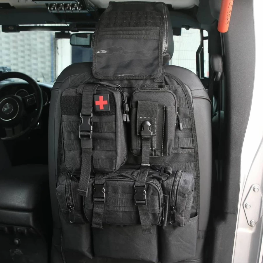 OMU Tactical Car Seat Organizer with Molle Pouches, Multi-Pocket Storage, Water Bottle Holder & Medical Kit for Truck, SUV and All Vehicles
