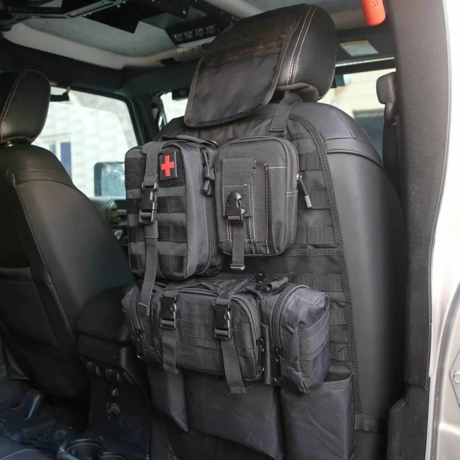 OMU Tactical Car Seat Organizer with Molle Pouches, Multi-Pocket Storage, Water Bottle Holder & Medical Kit for Truck, SUV and All Vehicles