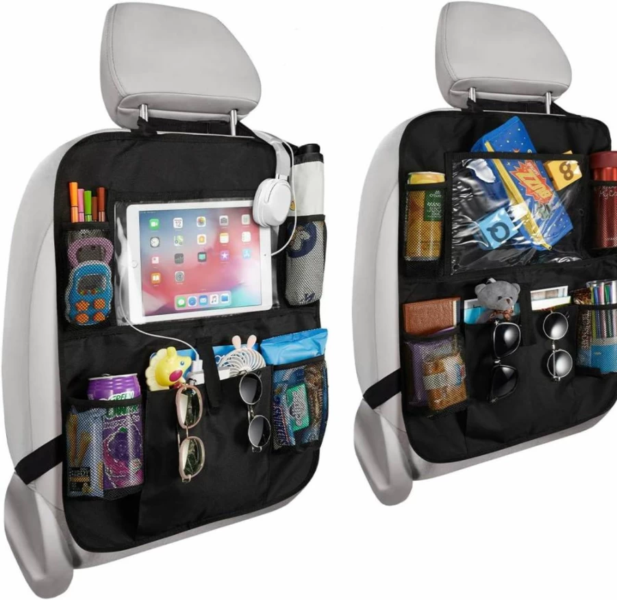 Reserwa 2 Pack Waterproof Car Backseat Organizer with Tablet Holder, Multi-Pocket Storage for Toys, iPad, Bottles, Snacks, and Books, Durable Kick Mats for Seat Protection