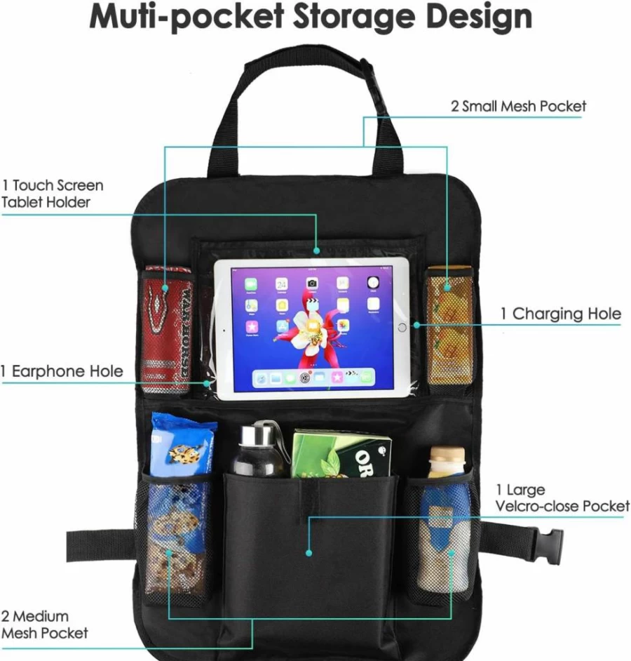 Reserwa 2 Pack Waterproof Car Backseat Organizer with Tablet Holder, Multi-Pocket Storage for Toys, iPad, Bottles, Snacks, and Books, Durable Kick Mats for Seat Protection