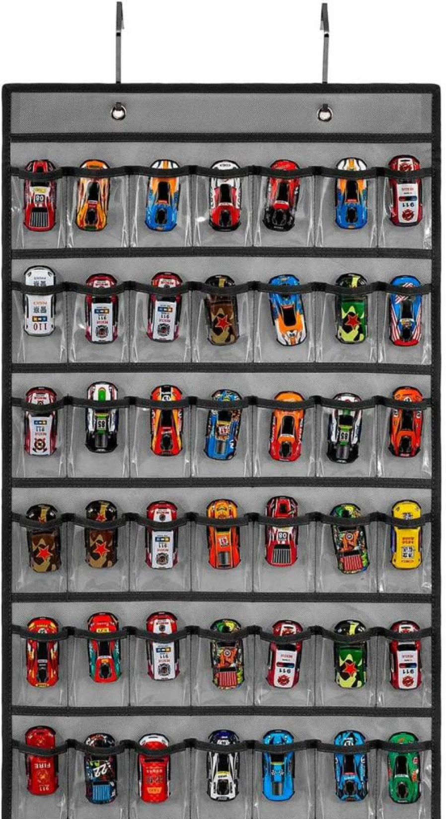 TEMUORG Hanging Toy Car Storage Organizer - 42 Clear Pockets Display Case for Matchbox Cars (Grey, Space-Saving Design)