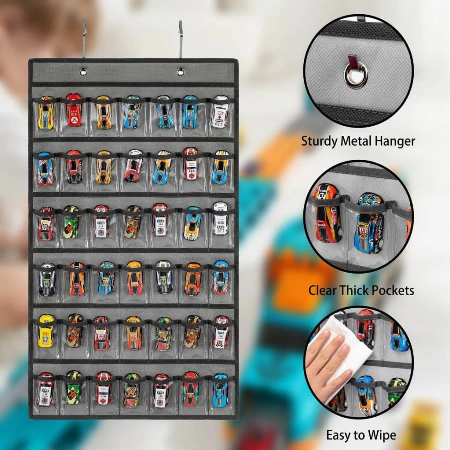 TEMUORG Hanging Toy Car Storage Organizer - 42 Clear Pockets Display Case for Matchbox Cars (Grey, Space-Saving Design)